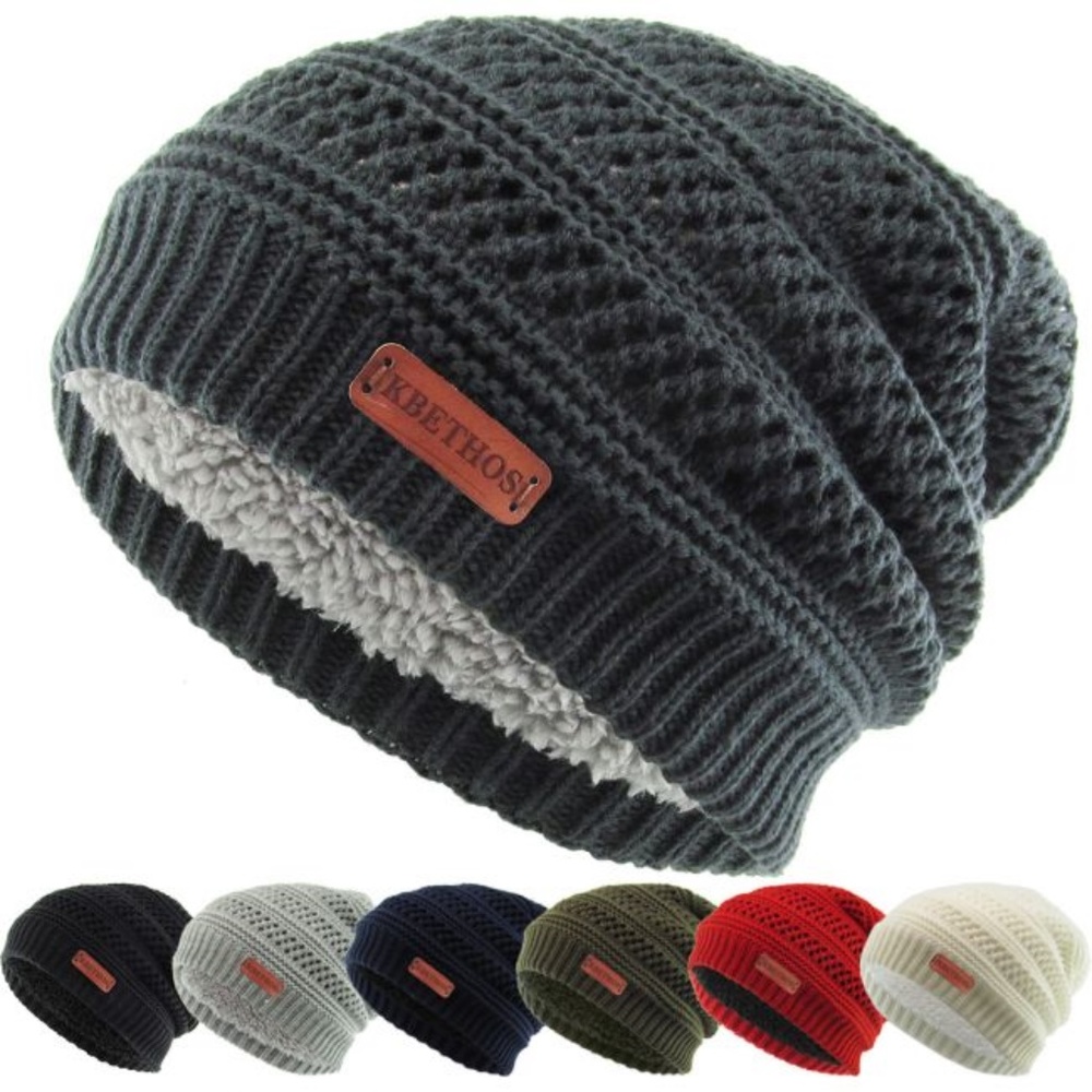 Thick Twist Knit Slouch Beanie Sherpa Fleece Lined